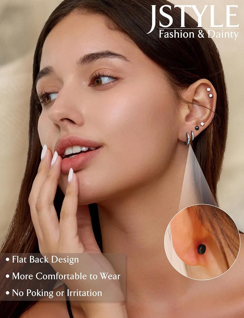 Jstyle Hypoallergenic Stud Hoop Earrings for Women Small Flat Back Surgical Stainless Steel Earrings for Sensitive Ears Trendy Silver Hoops Cartilage Earring Stacks Set Multiple Piercing Jewelry Gifts - Image 2